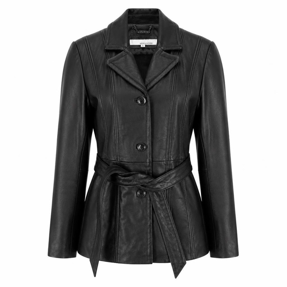 Wilsons Leather Jacket Womens S Black Belted Notch Lapel Fitted Mob Wife Y2K